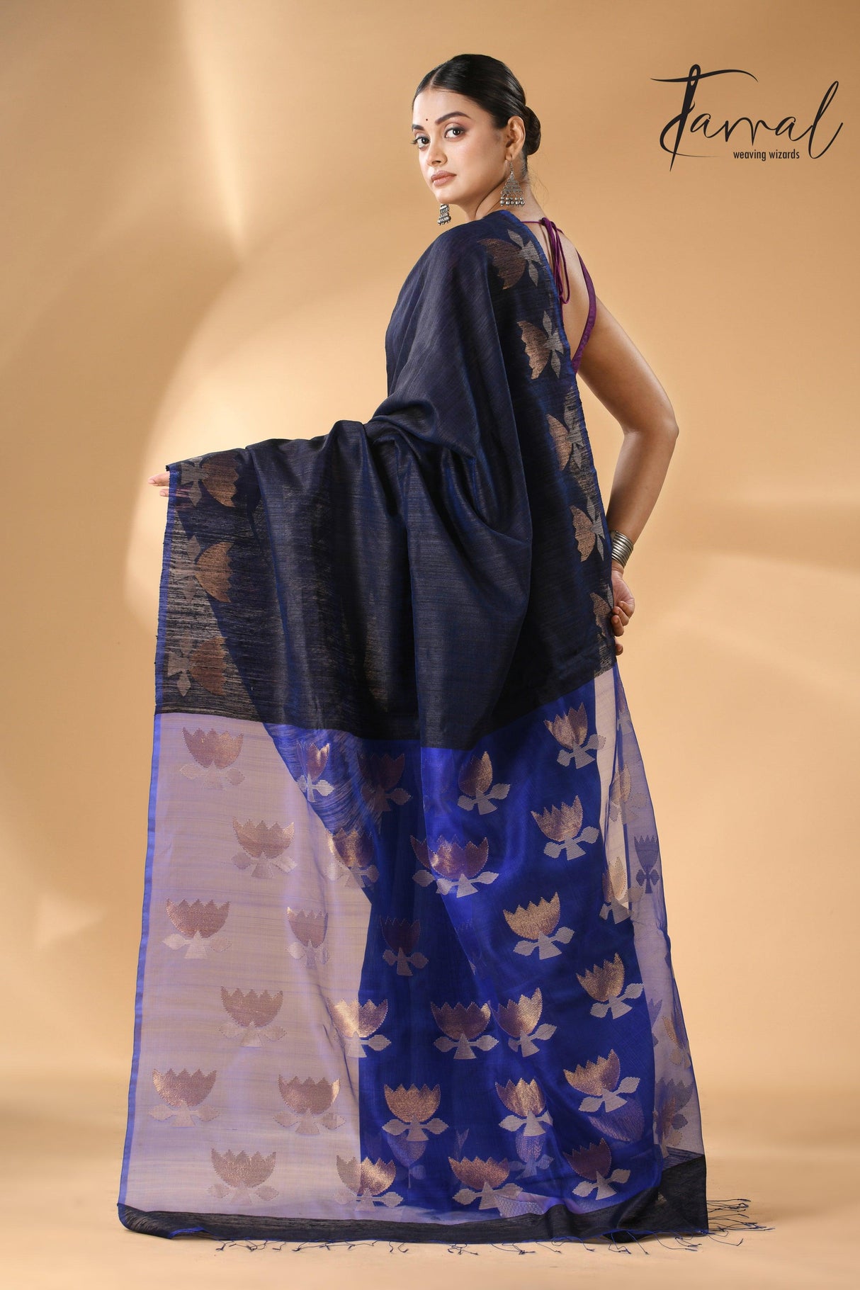 Midnight blue with royal blue gold lotus handwoven matka silk jamdani saree - Tamal Boutique
