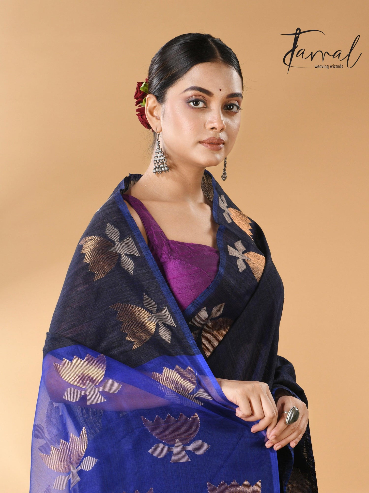 Midnight blue with royal blue gold lotus handwoven matka silk jamdani saree - Tamal Boutique
