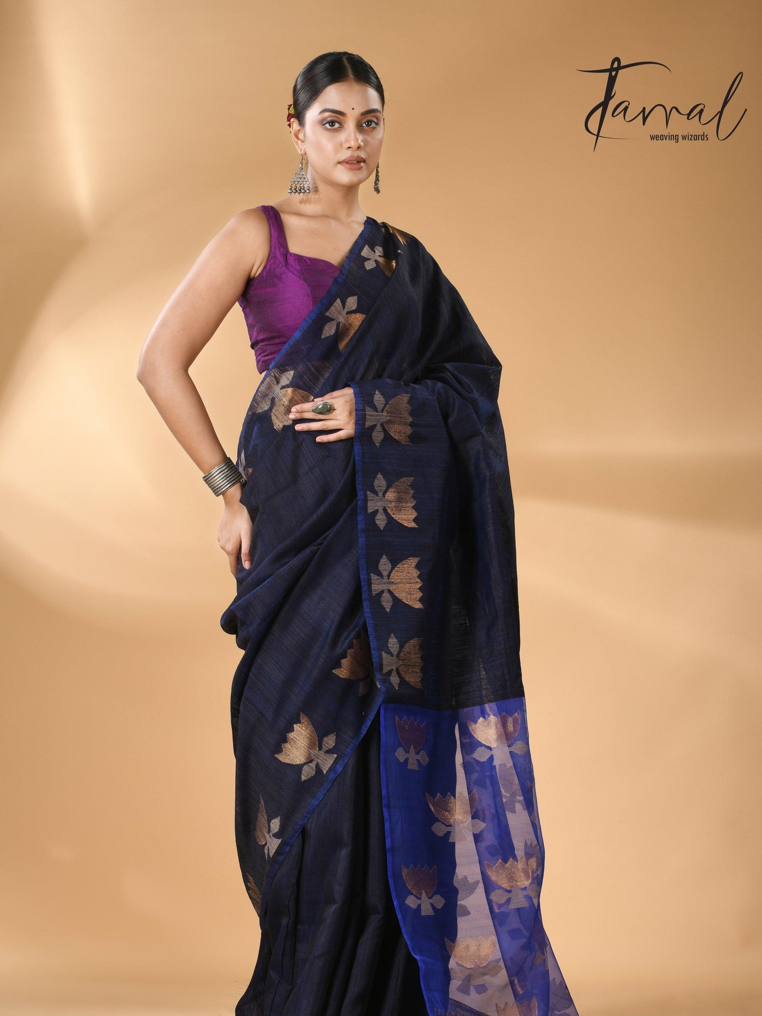 Midnight blue with royal blue gold lotus handwoven matka silk jamdani saree - Tamal Boutique