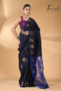 Midnight blue with royal blue gold lotus handwoven matka silk jamdani saree - Tamal Boutique