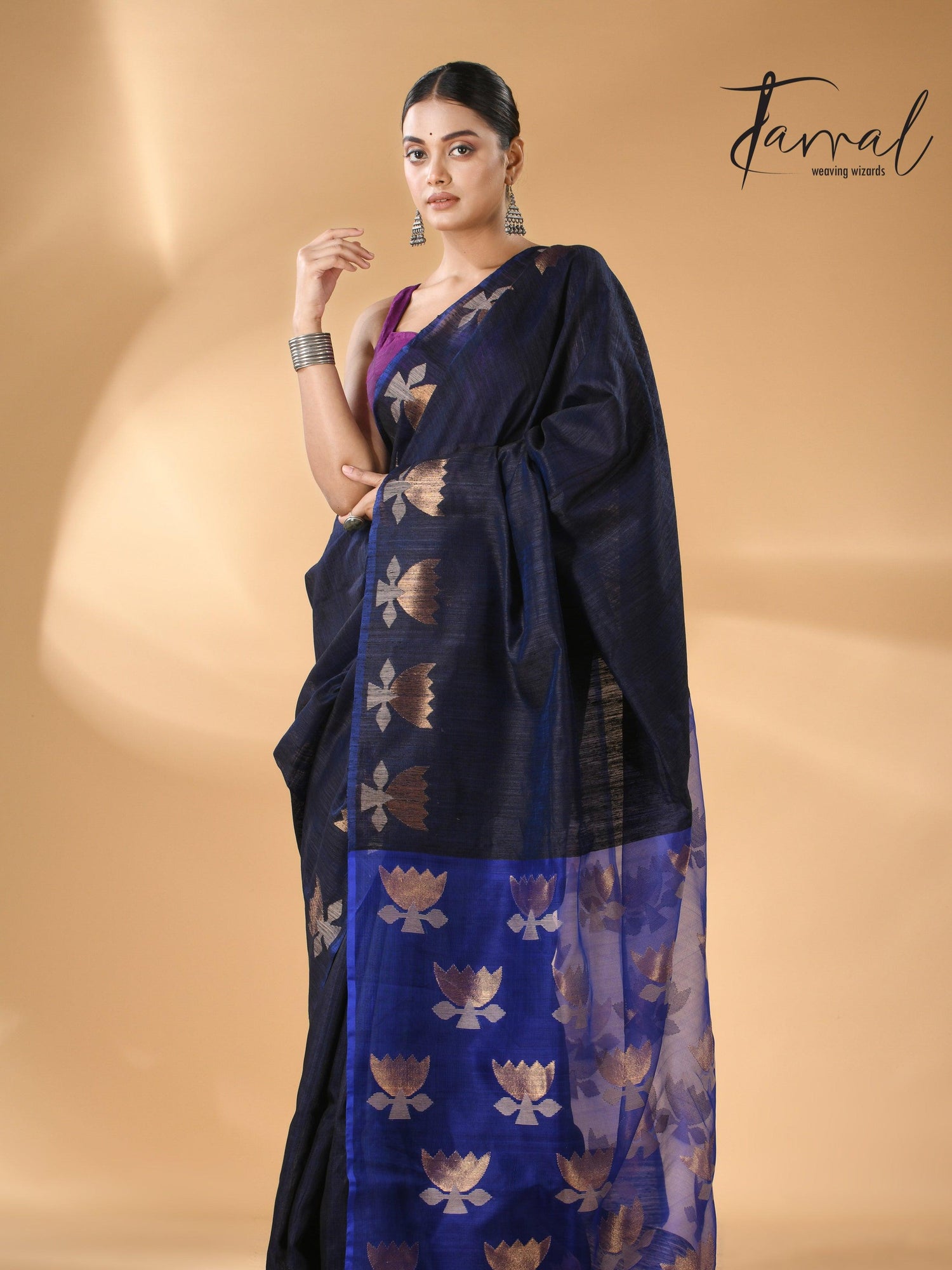 Midnight blue with royal blue gold lotus handwoven matka silk jamdani saree - Tamal Boutique