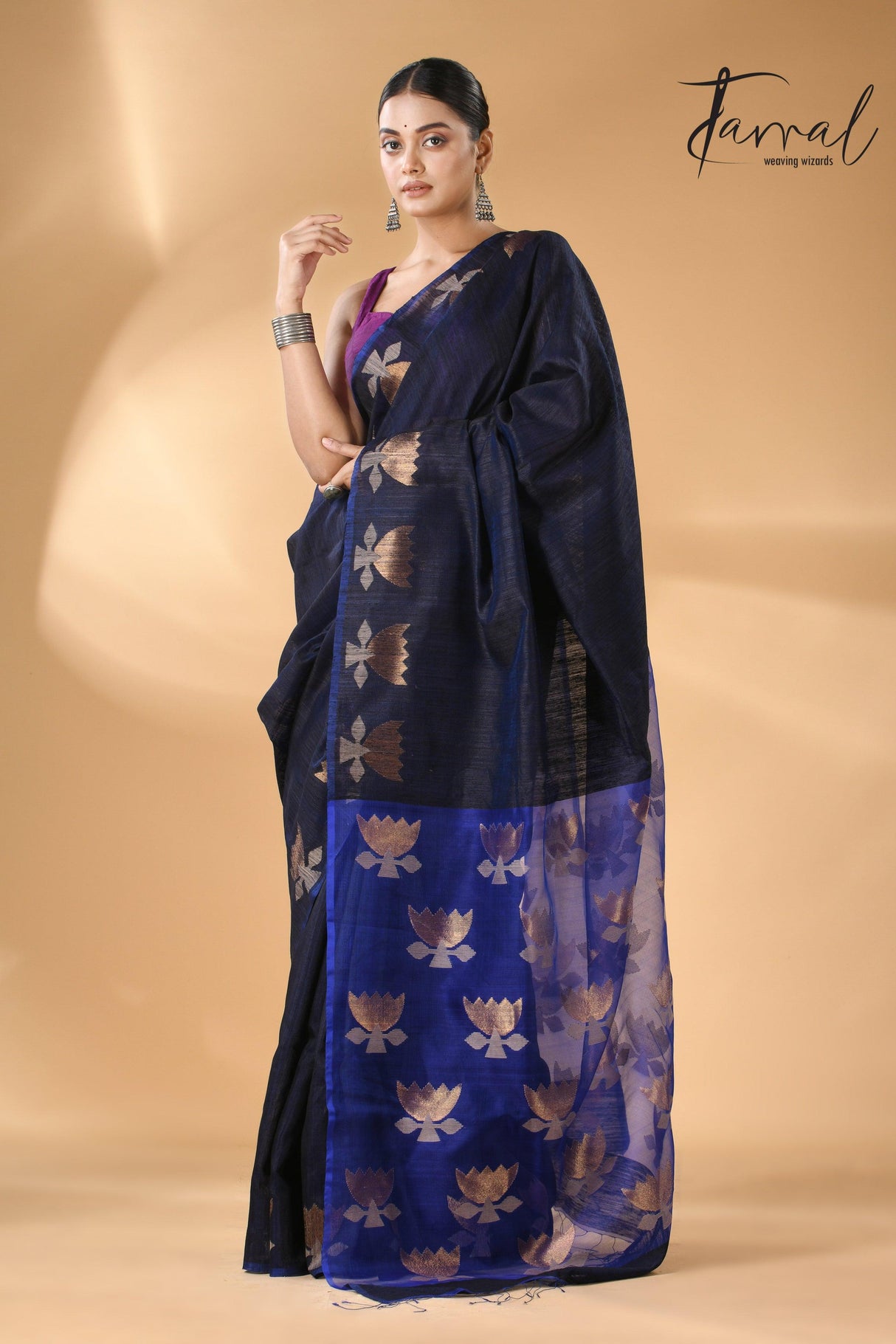 Midnight blue with royal blue gold lotus handwoven matka silk jamdani saree - Tamal Boutique