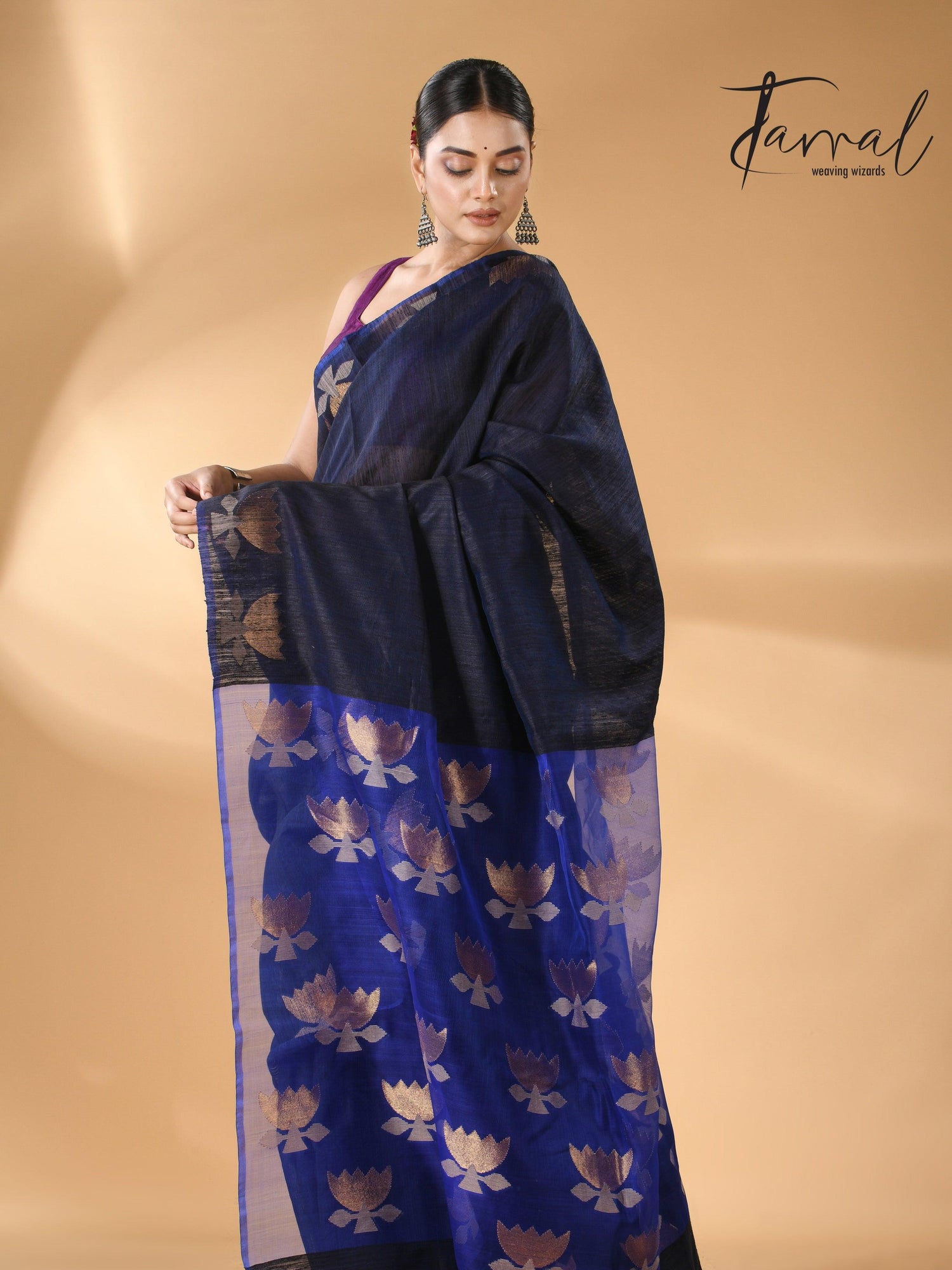 Midnight blue with royal blue gold lotus handwoven matka silk jamdani saree - Tamal Boutique