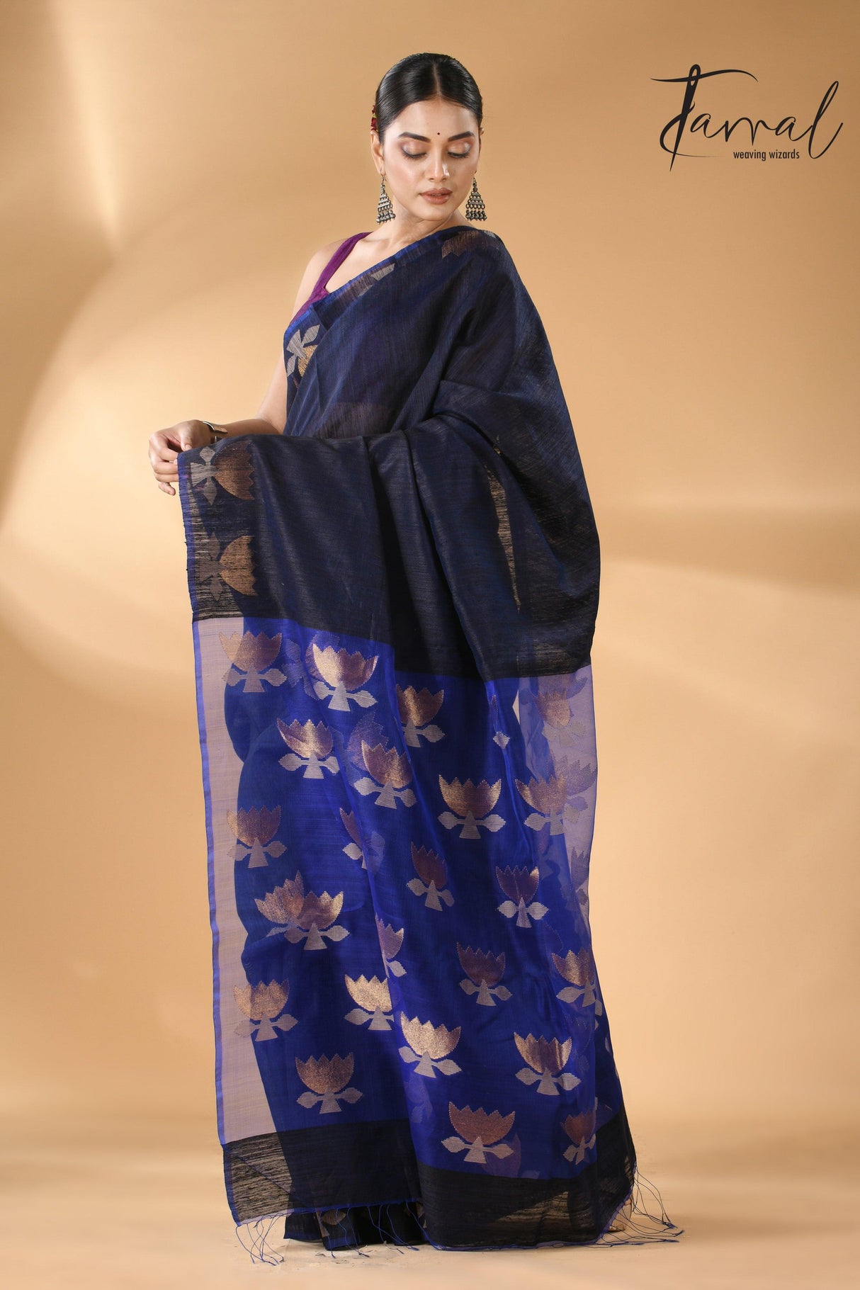Midnight blue with royal blue gold lotus handwoven matka silk jamdani saree - Tamal Boutique
