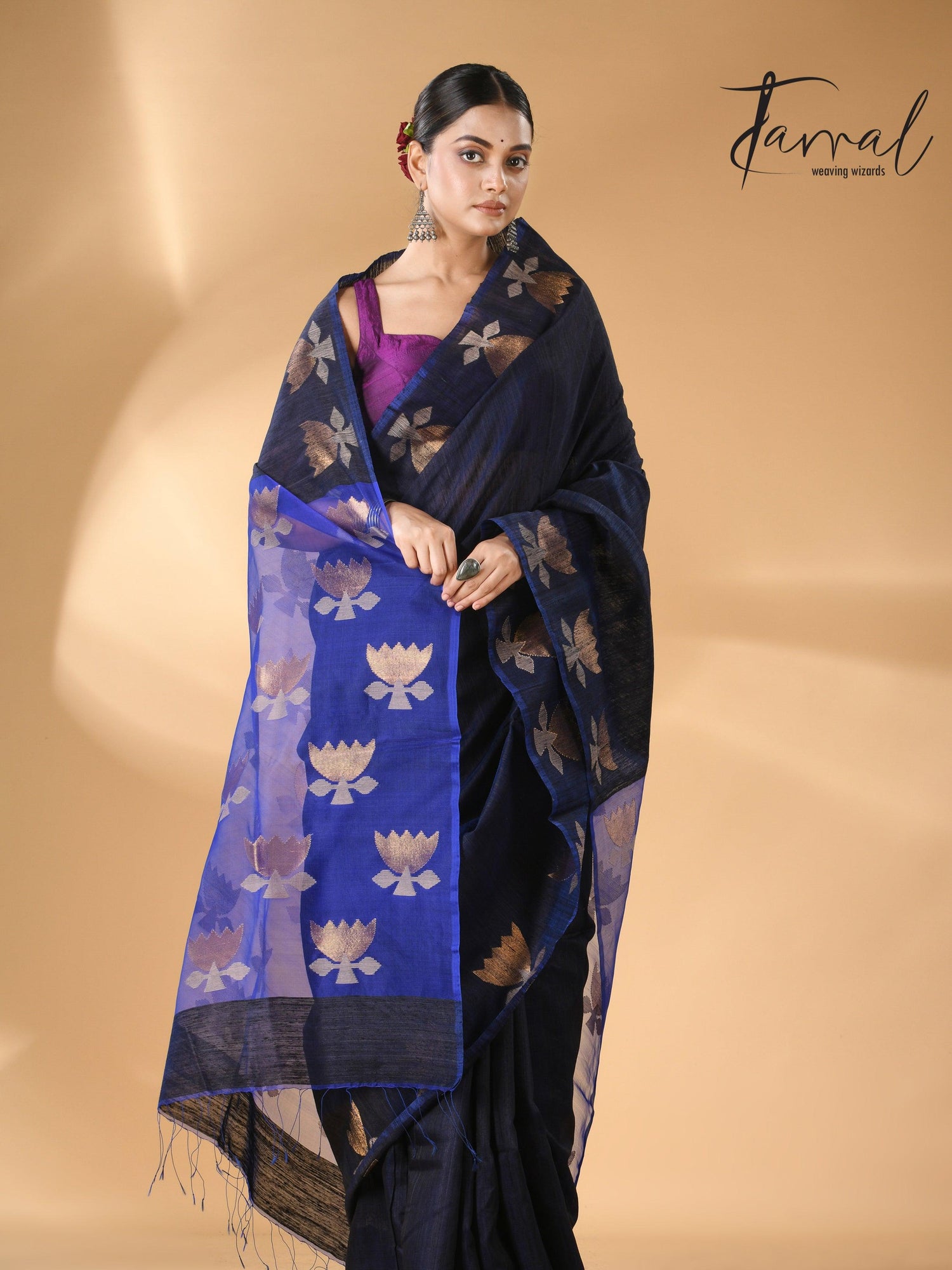 Midnight blue with royal blue gold lotus handwoven matka silk jamdani saree - Tamal Boutique