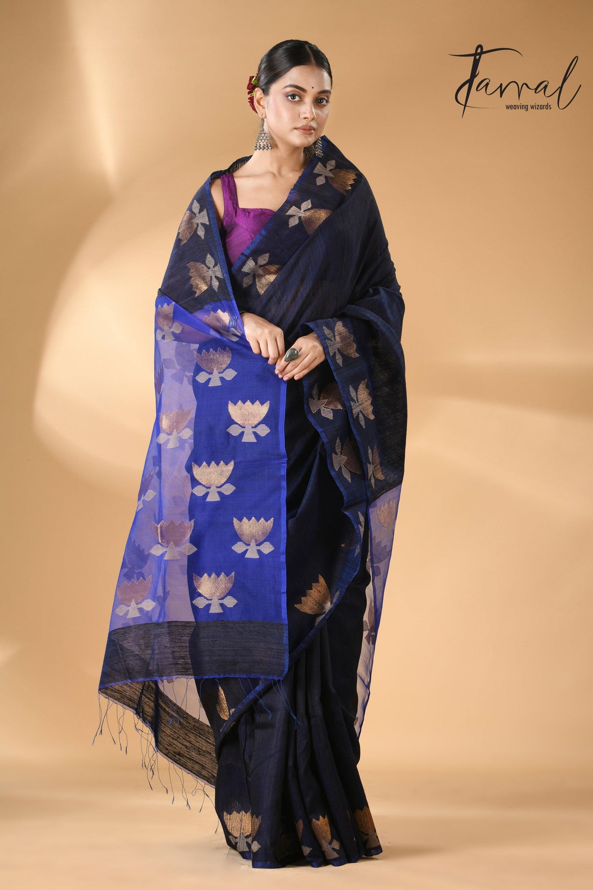 Midnight blue with royal blue gold lotus handwoven matka silk jamdani saree - Tamal Boutique