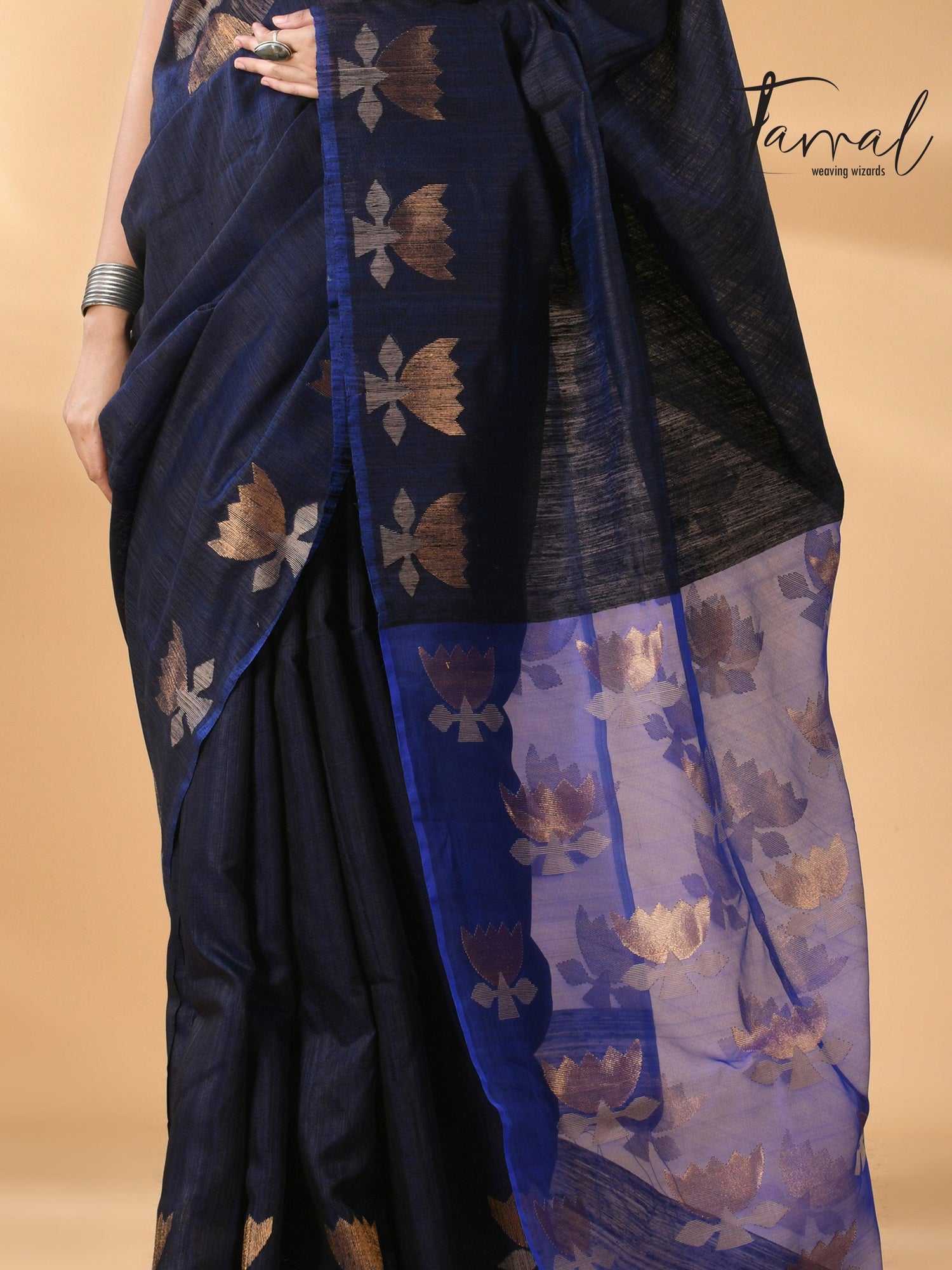 Midnight blue with royal blue gold lotus handwoven matka silk jamdani saree - Tamal Boutique