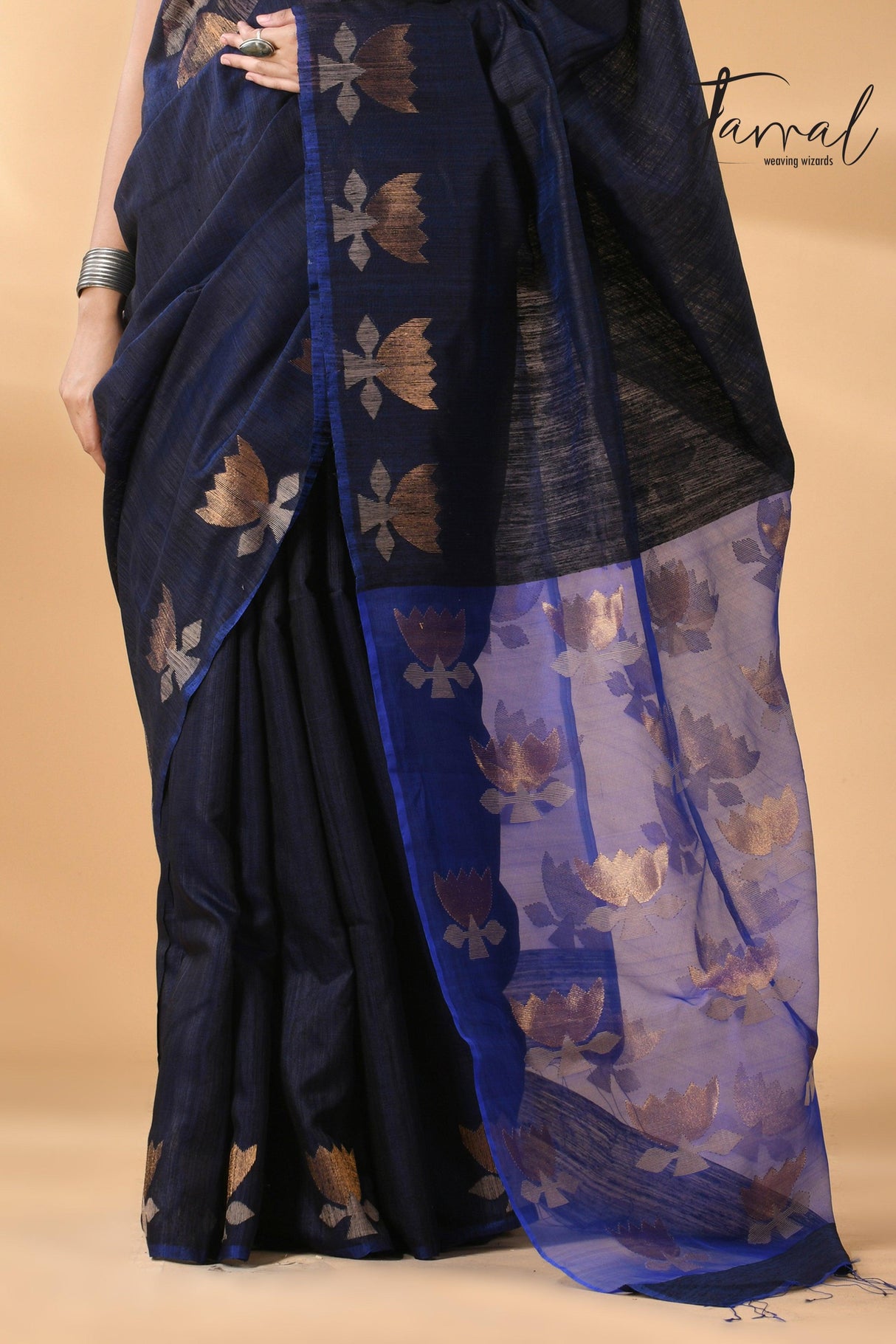 Midnight blue with royal blue gold lotus handwoven matka silk jamdani saree - Tamal Boutique