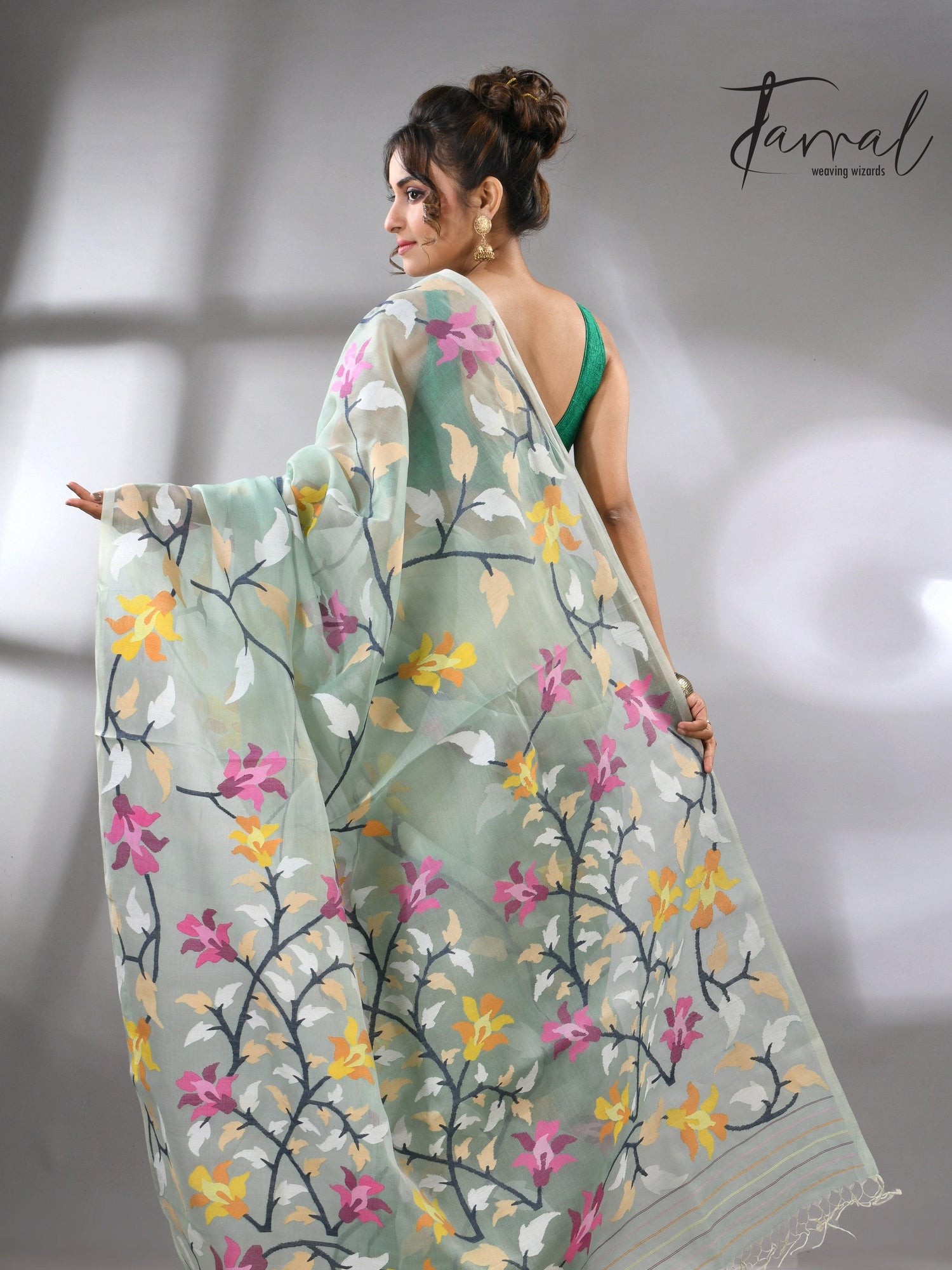 Mint Green_Jamdani_Saree_with_Multicolor_Back