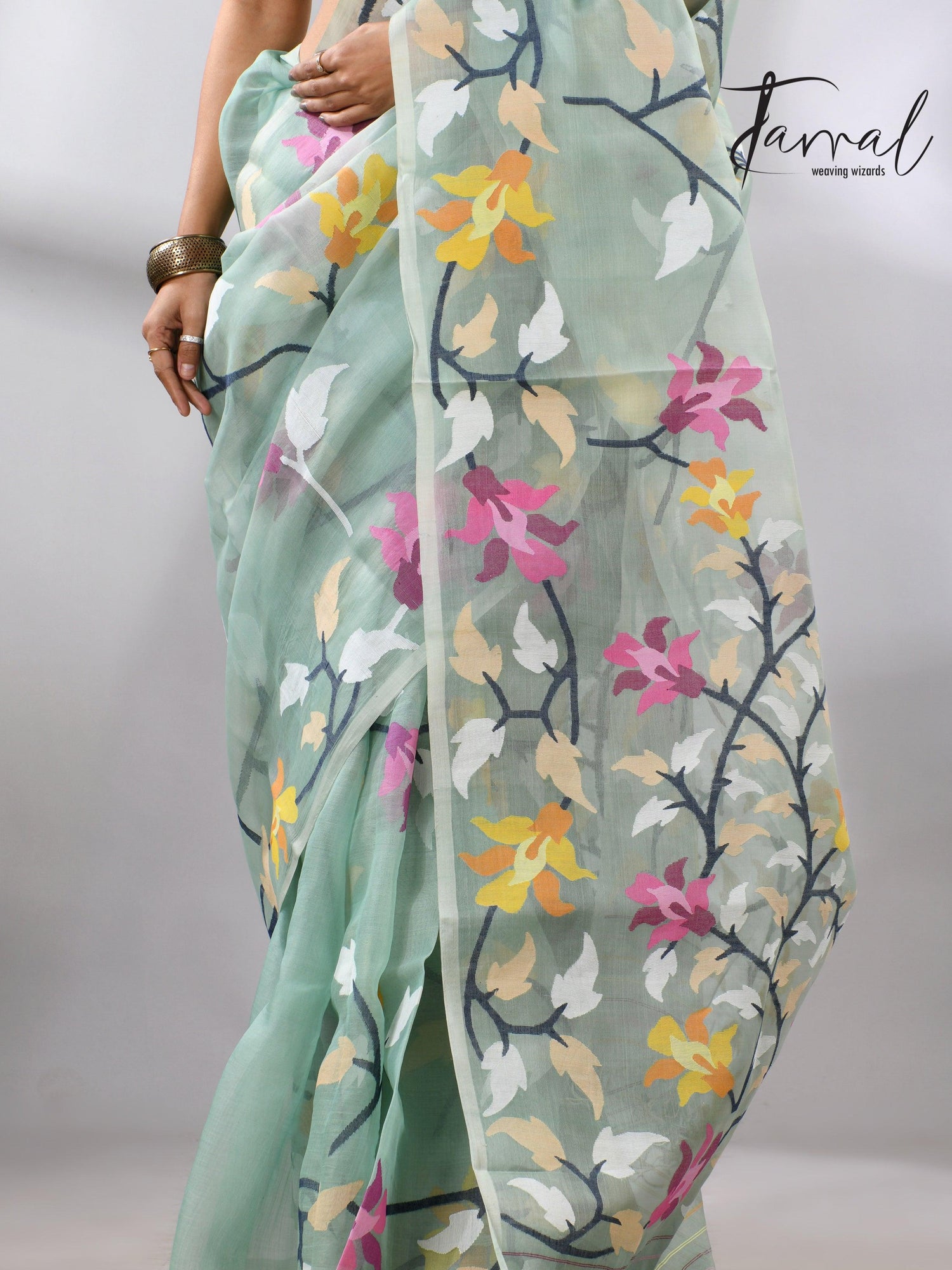 Mint Green_Jamdani_Saree_with_Multicolor_Close_up