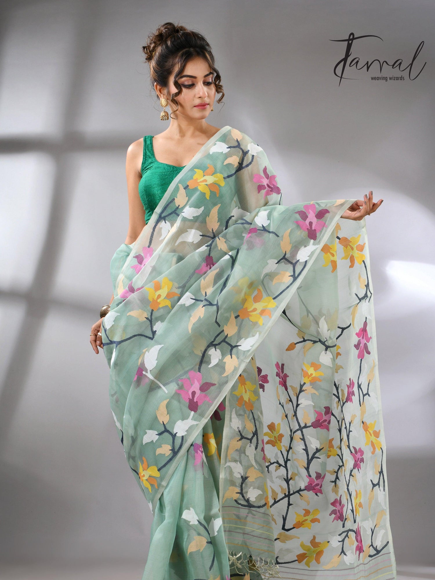 Mint_Green_Jamdani_Saree_with_Multicolor_Front