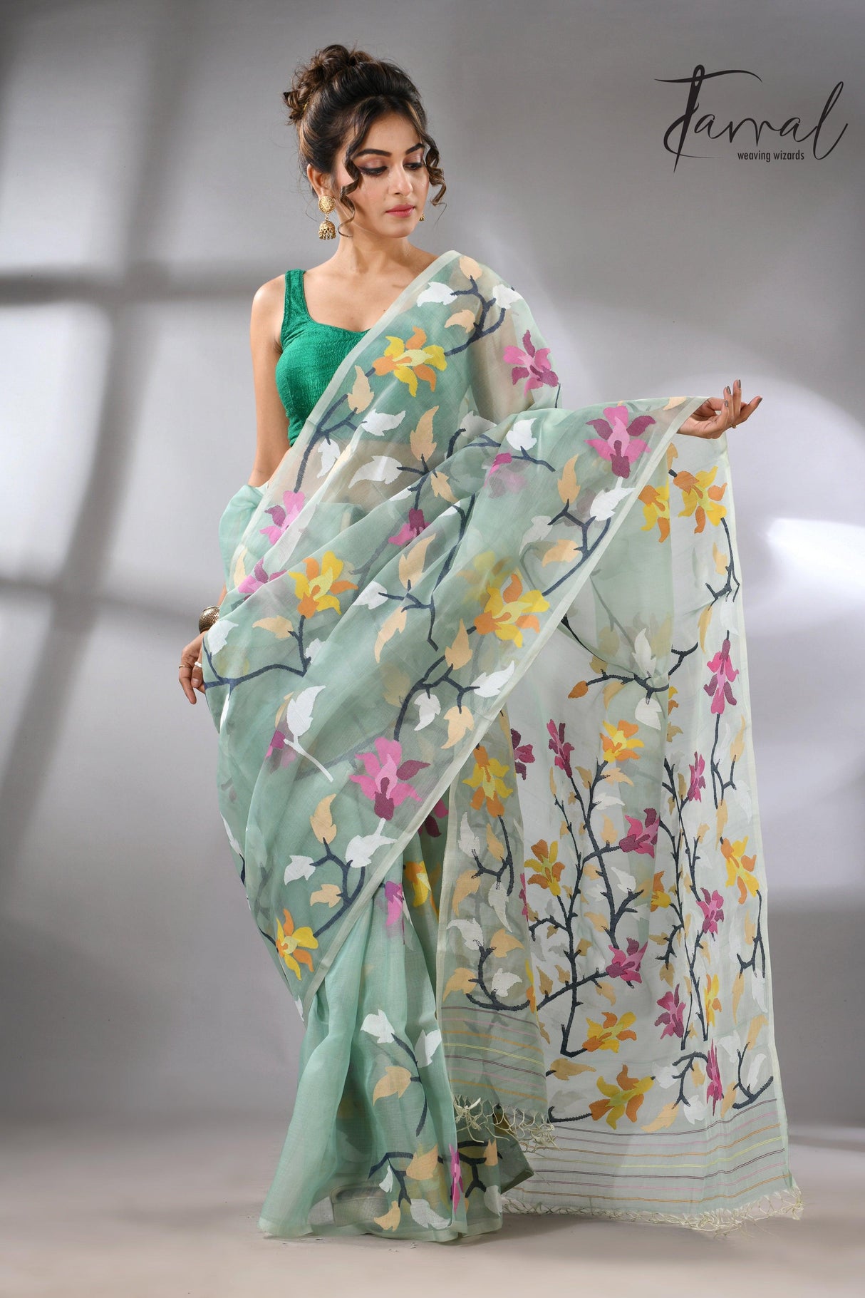 Mint_Green_Jamdani_Saree_with_Multicolor_Front