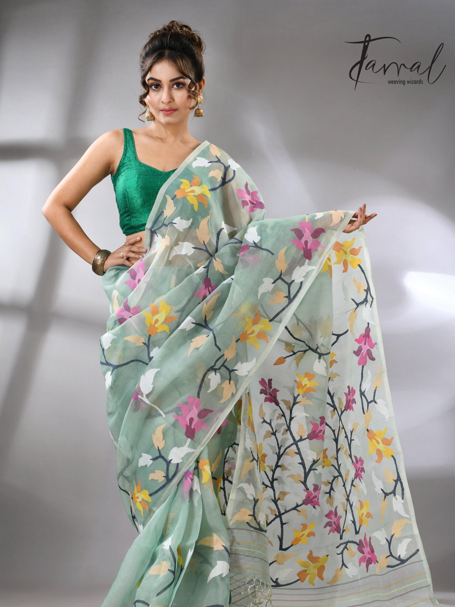 Mint_Green_Jamdani_Saree_with_Multicolor_Front