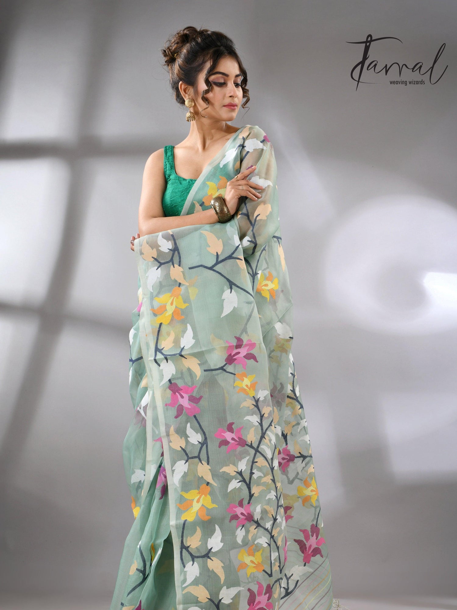 Mint Green_Jamdani_Saree_with_Multicolor_Left