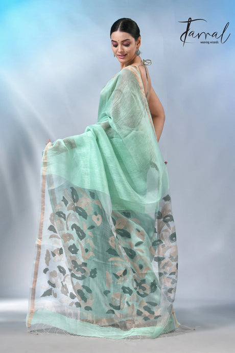Mint green colour in the silk linen handwoven jamdani saree