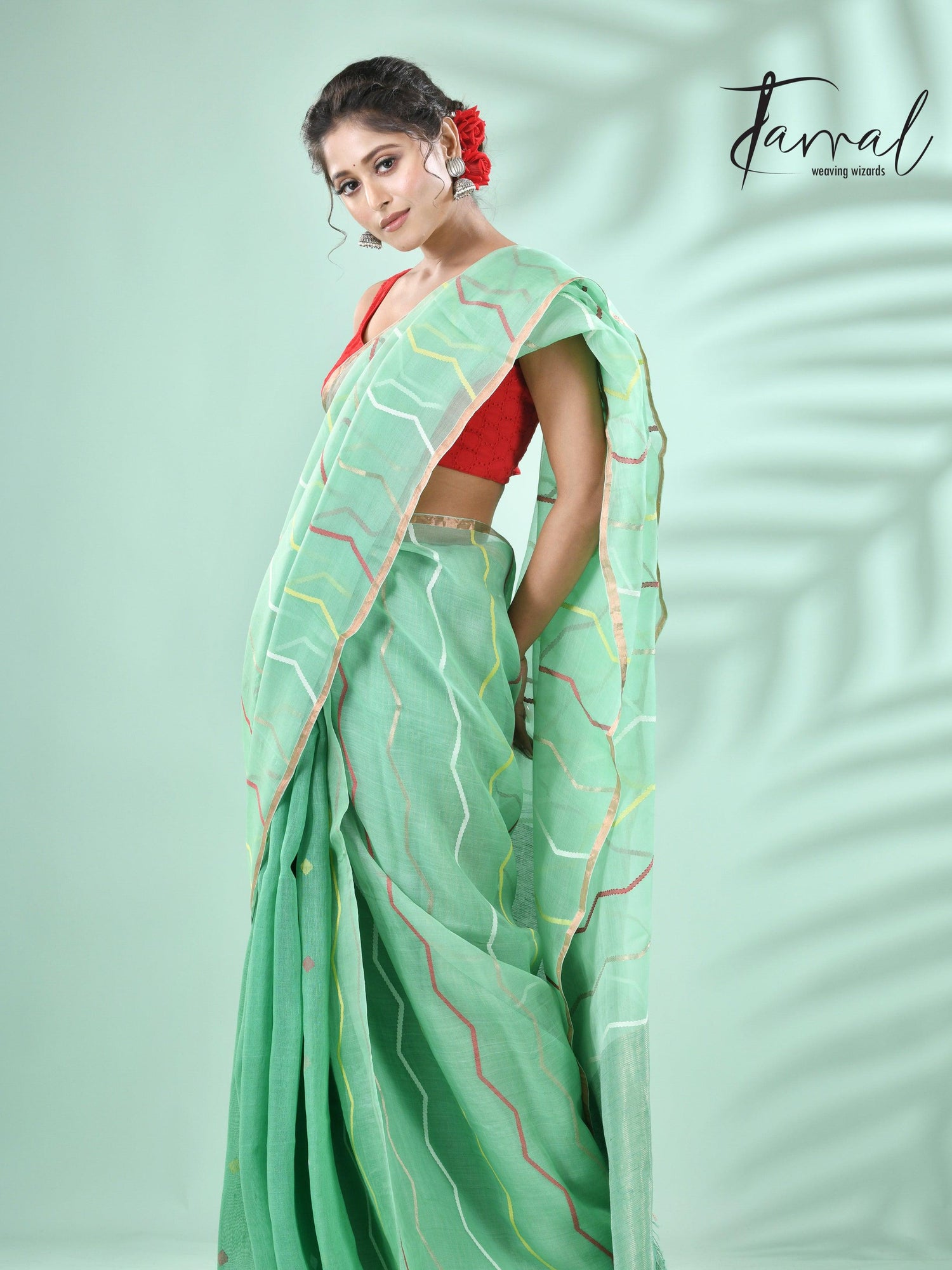 Mint green half silk & half linen handwoven jamdani saree - Tamal Boutique