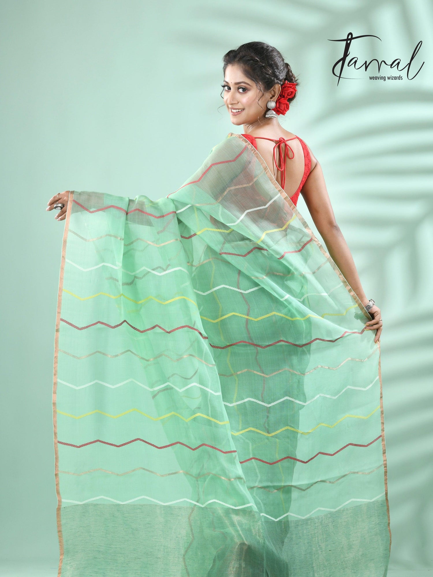 Mint green half silk & half linen handwoven jamdani saree - Tamal Boutique