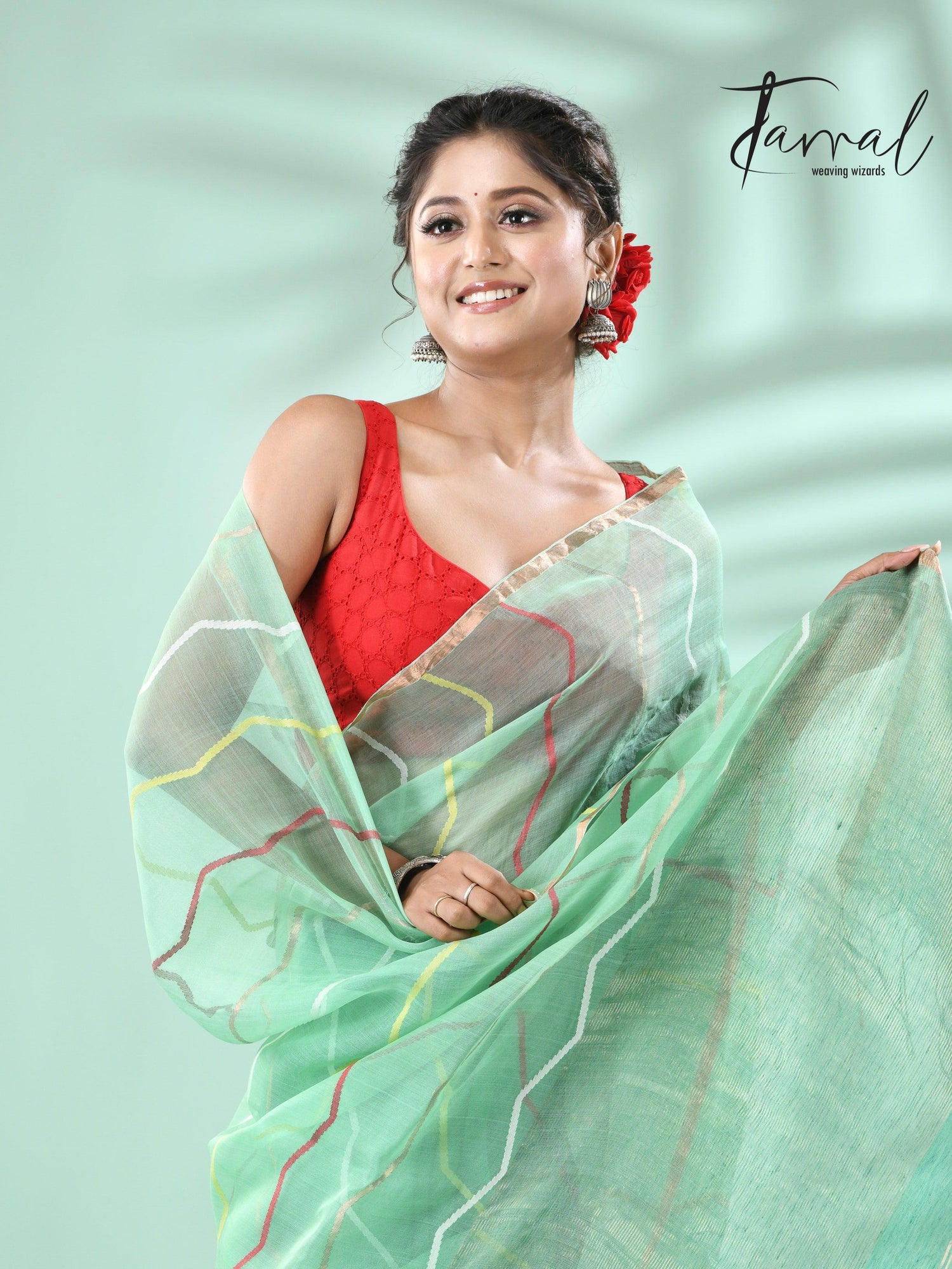 Mint green half silk & half linen handwoven jamdani saree - Tamal Boutique