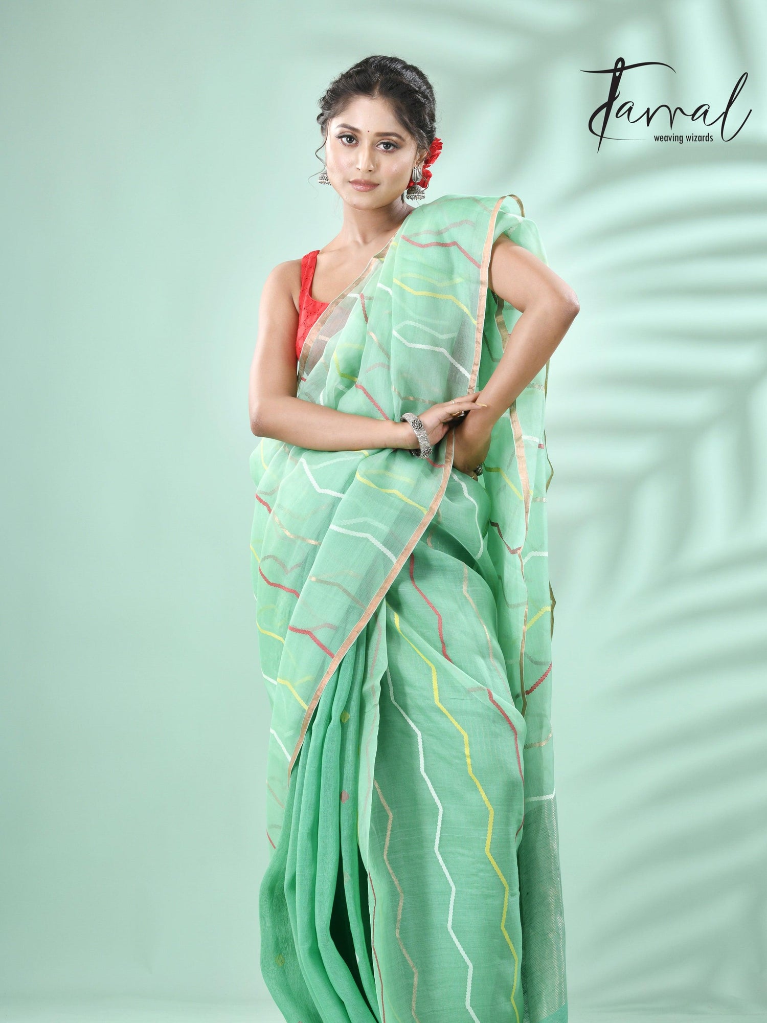 Mint green half silk & half linen handwoven jamdani saree - Tamal Boutique