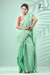 Mint green half silk & half linen handwoven jamdani saree - Tamal Boutique
