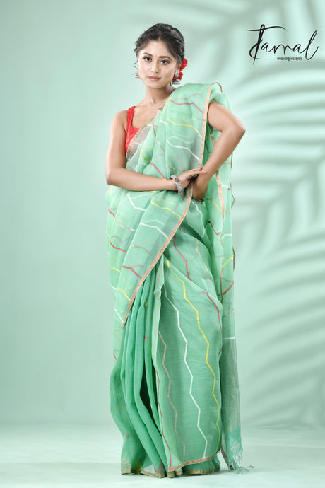 Mint green half silk & half linen handwoven jamdani saree - Tamal Boutique