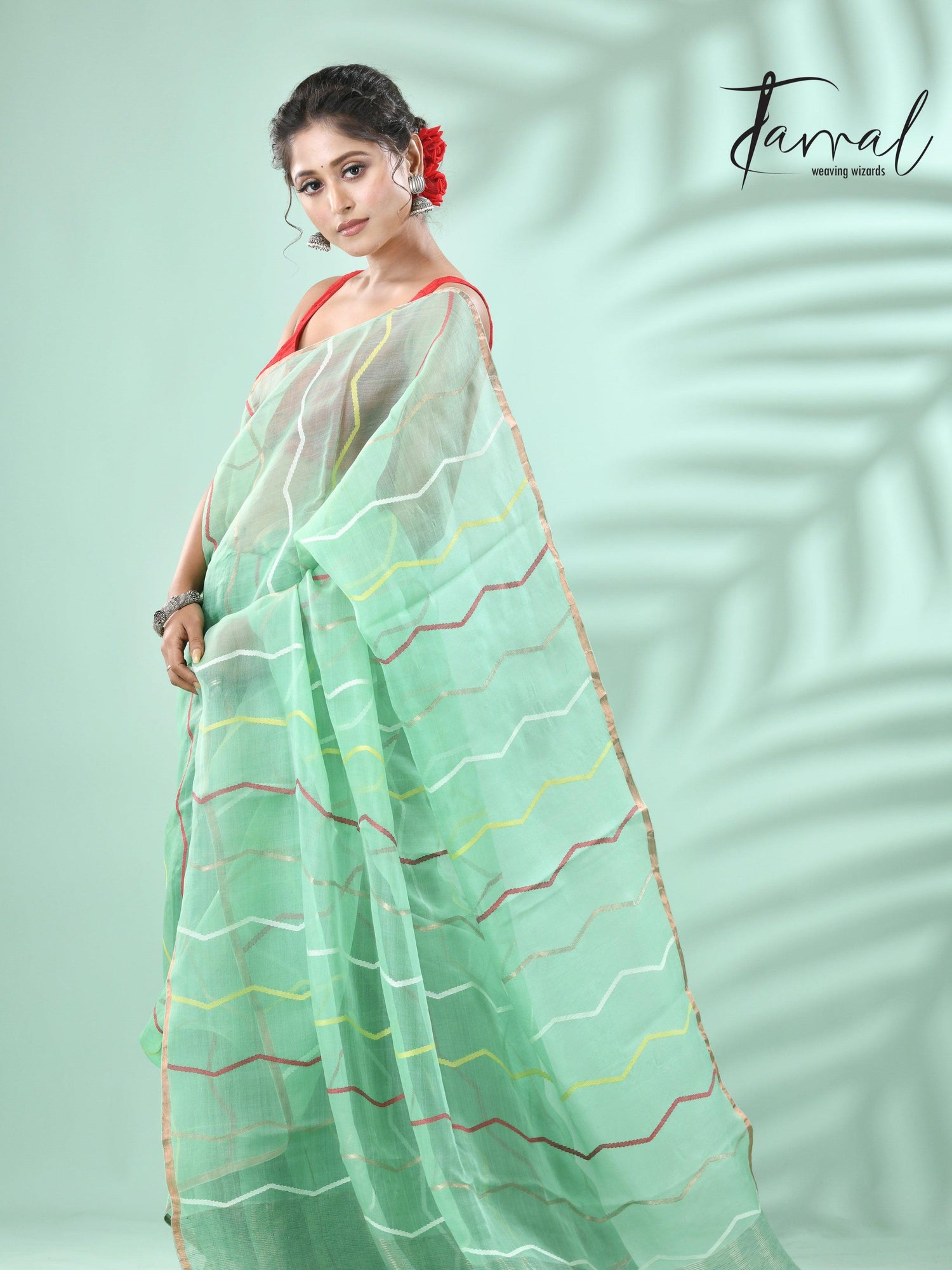 Mint green half silk & half linen handwoven jamdani saree - Tamal Boutique