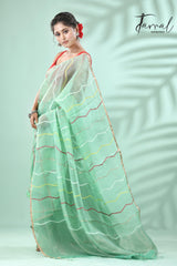 Mint green half silk & half linen handwoven jamdani saree - Tamal Boutique