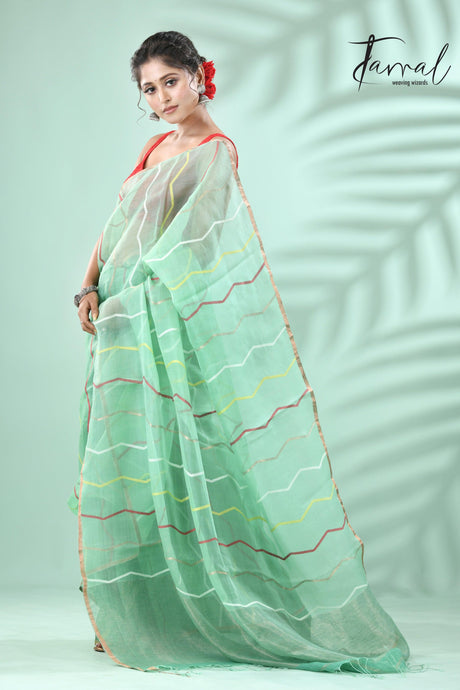 Mint green half silk & half linen handwoven jamdani saree - Tamal Boutique