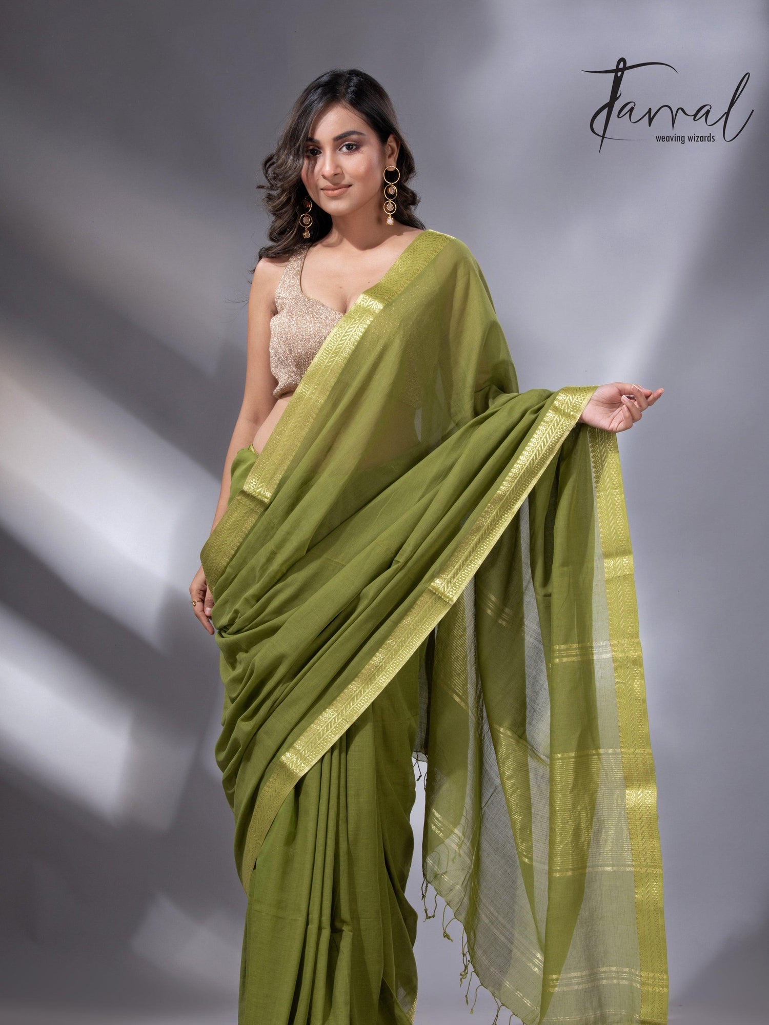 Mos green with golden zari Mangal Giri cotton handloom saree - Tamal Boutique