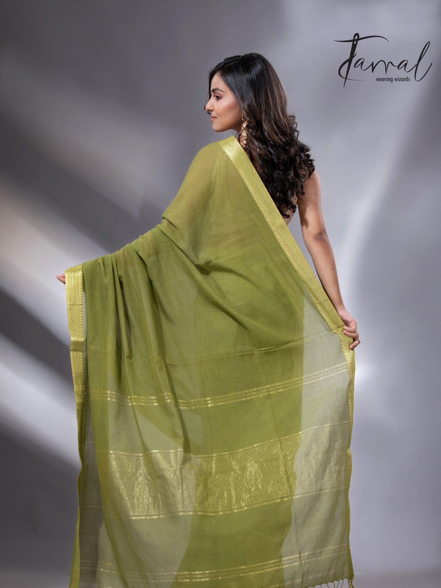 Mos green with golden zari Mangal Giri cotton handloom saree - Tamal Boutique