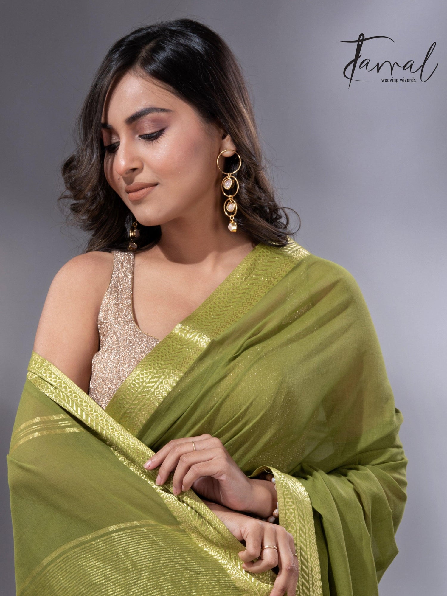 Mos green with golden zari Mangal Giri cotton handloom saree - Tamal Boutique