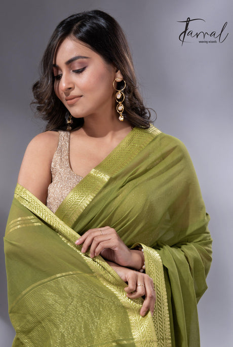 Mos green with golden zari Mangal Giri cotton handloom saree - Tamal Boutique