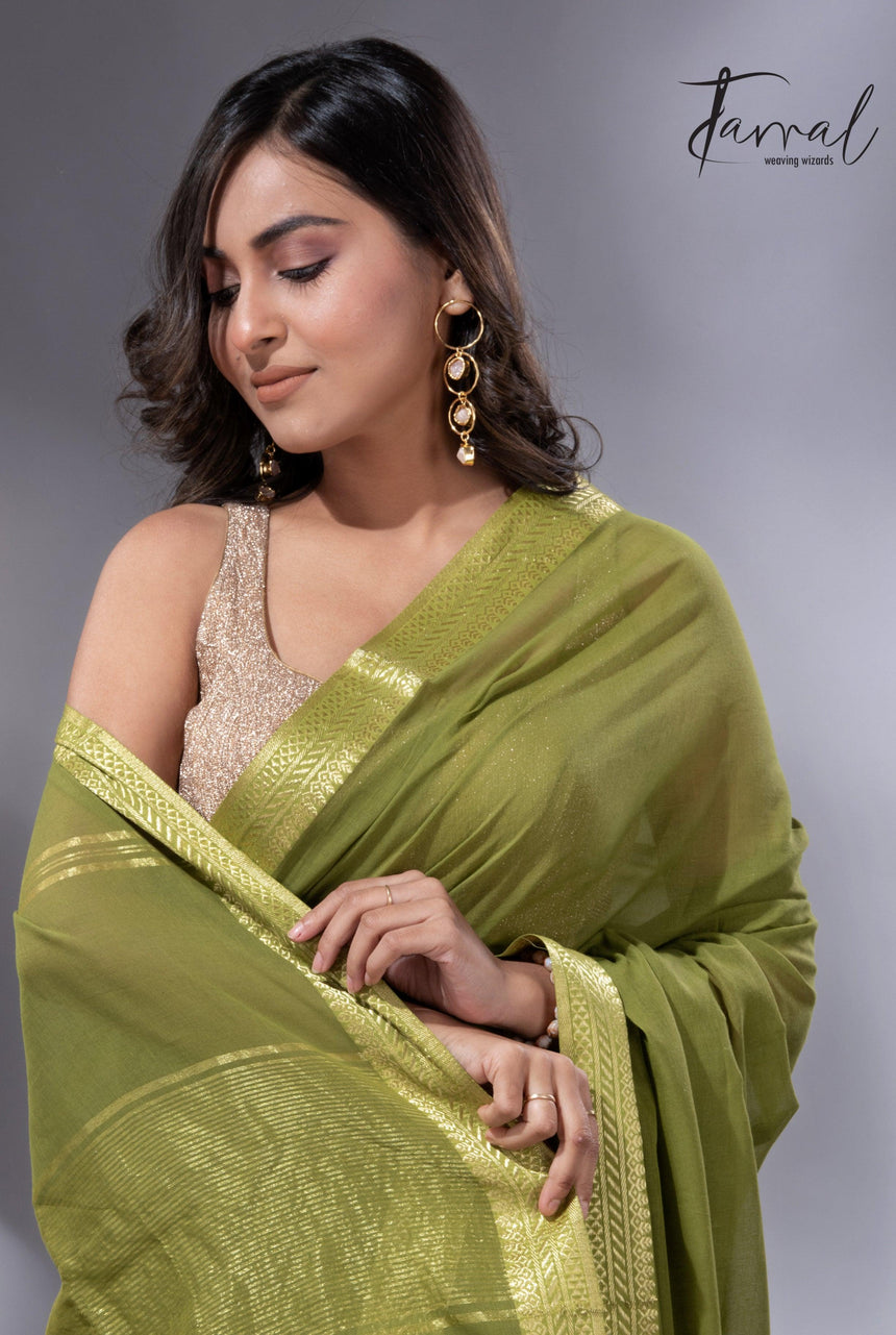 Mos green with golden zari Mangal Giri cotton handloom saree - Tamal Boutique
