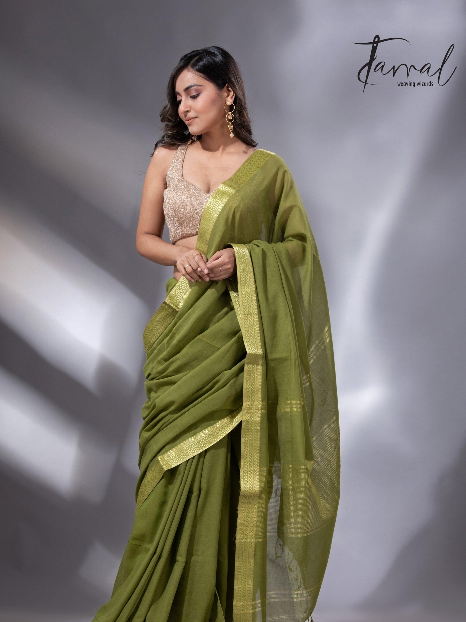 Mos green with golden zari Mangal Giri cotton handloom saree - Tamal Boutique