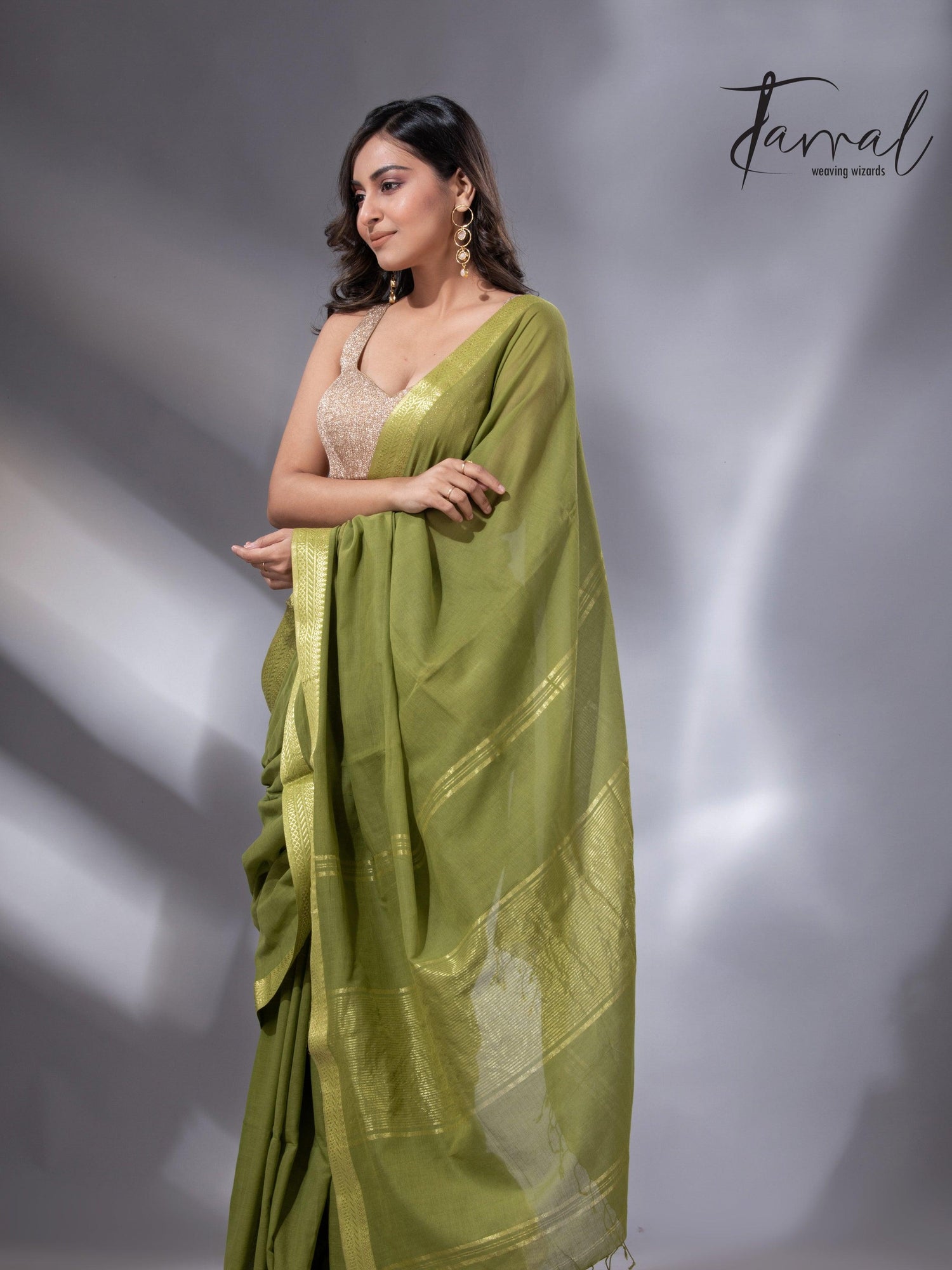 Mos green with golden zari Mangal Giri cotton handloom saree - Tamal Boutique
