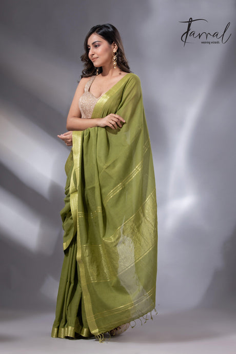 Mos green with golden zari Mangal Giri cotton handloom saree - Tamal Boutique