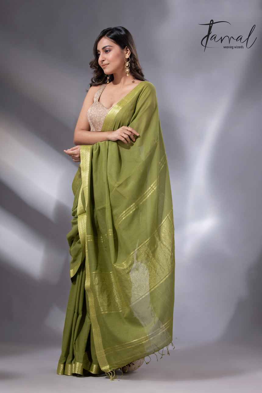 Mos green with golden zari Mangal Giri cotton handloom saree - Tamal Boutique