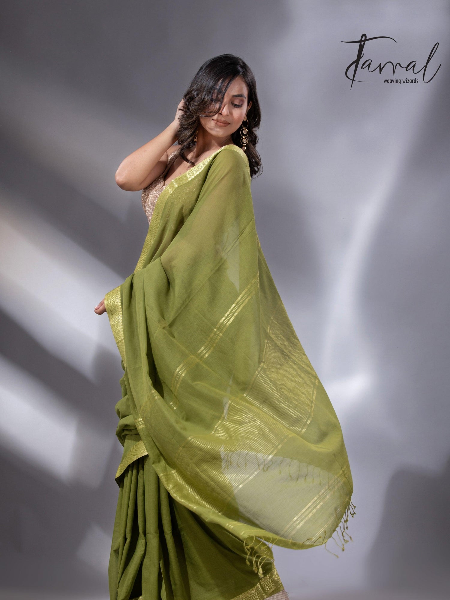 Mos green with golden zari Mangal Giri cotton handloom saree - Tamal Boutique