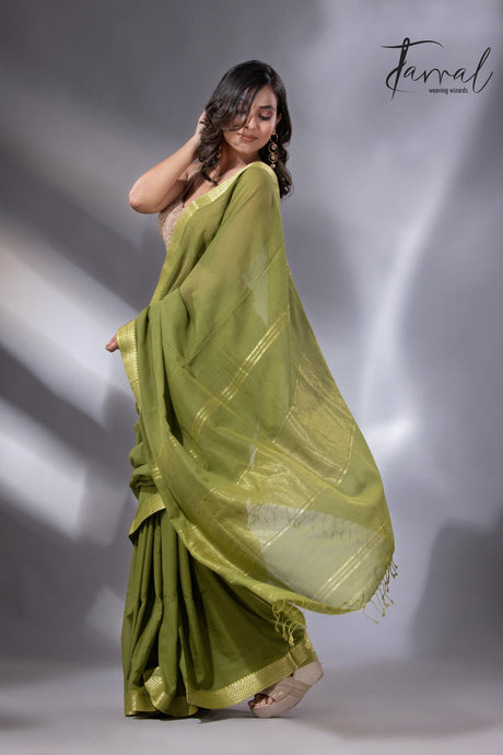 Mos green with golden zari Mangal Giri cotton handloom saree - Tamal Boutique