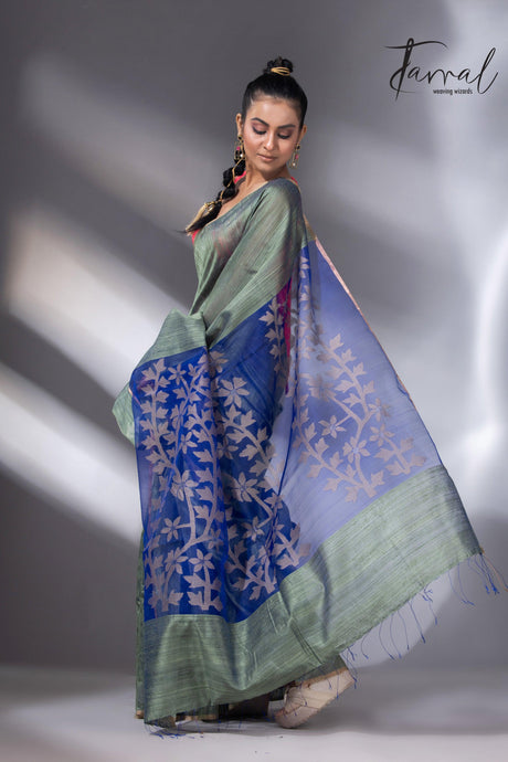 Mosh green dual tone matka silk floral handwoven jamdani saree4