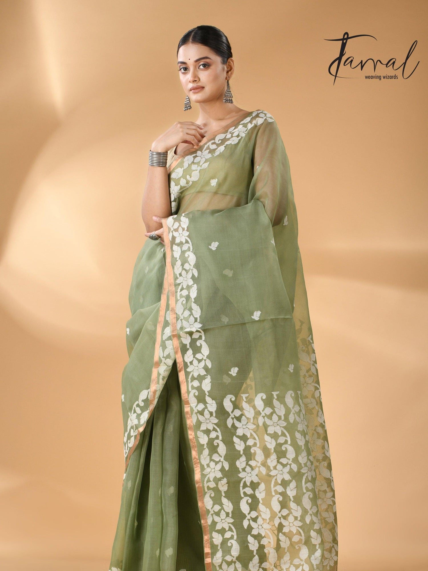 Moss Green Muslin Silk Handwoven Needle Work Jamdani Saree