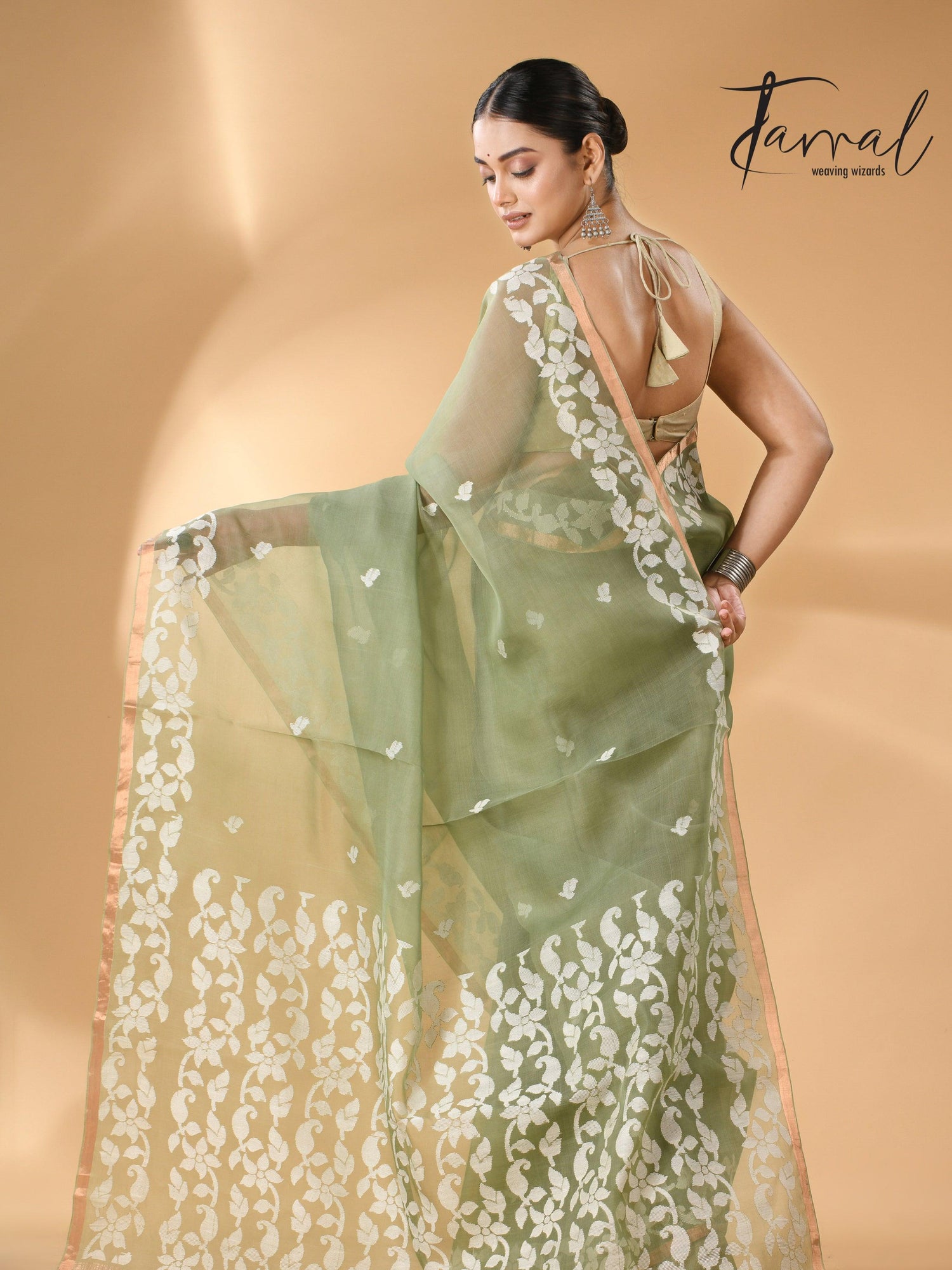 Moss Green Muslin Silk Handwoven Needle Work Jamdani Saree back