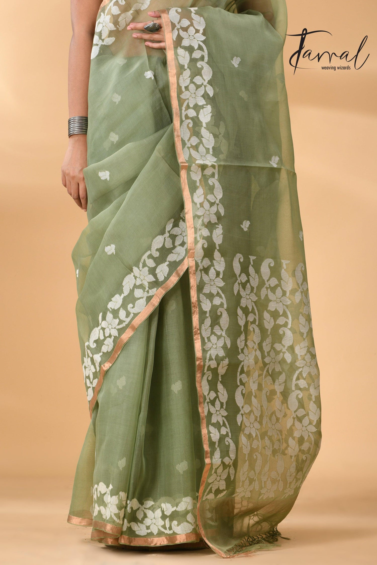 Moss Green Muslin Silk Handwoven Needle Work Jamdani Saree bottom