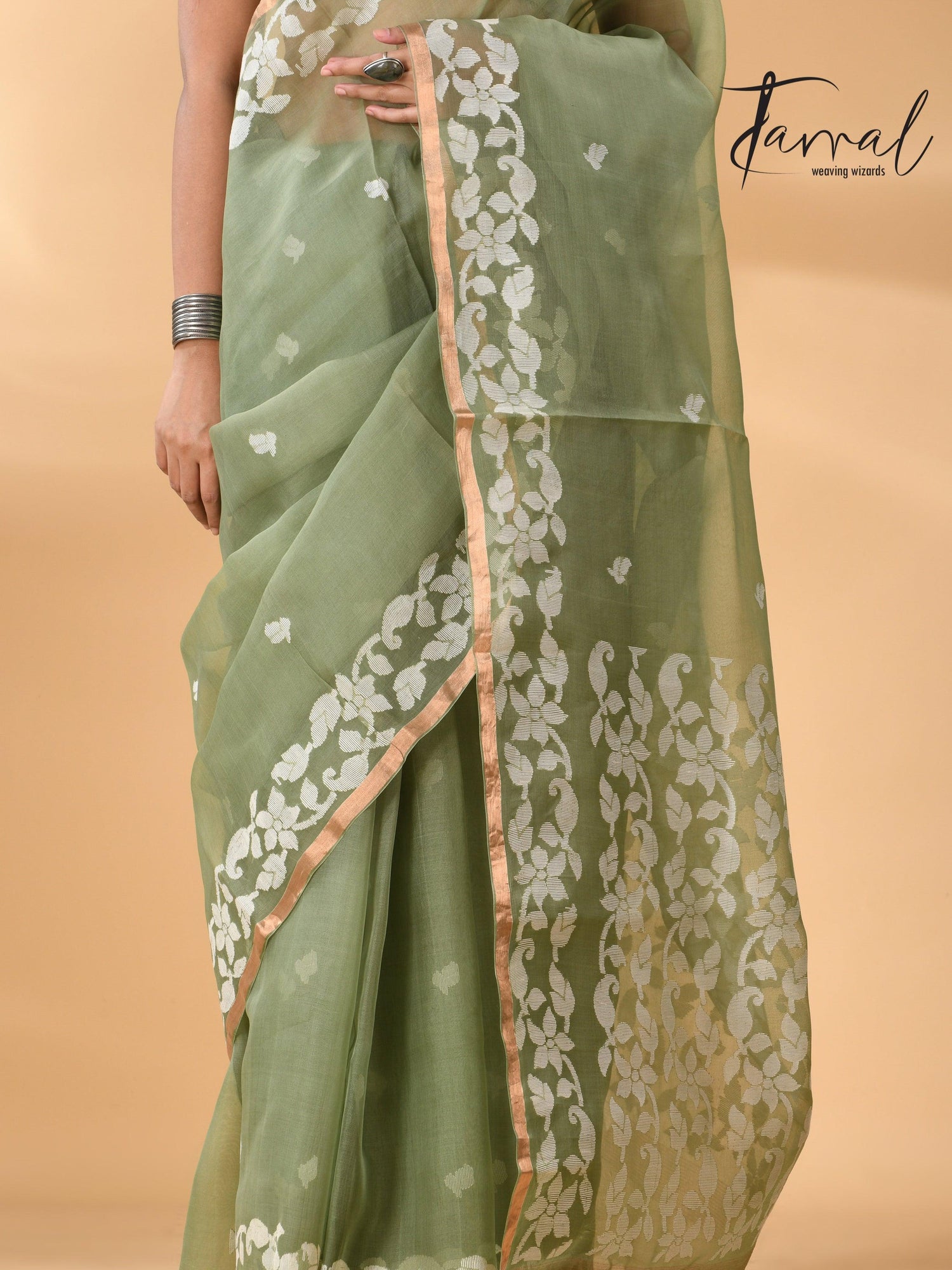 Moss Green Muslin Silk Handwoven Needle Work Jamdani Saree bottom