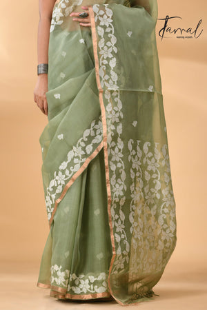 Moss Green Muslin Silk Handwoven Needle Work Jamdani Saree bottom