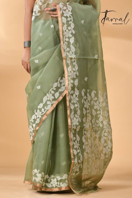 Moss Green Muslin Silk Handwoven Needle Work Jamdani Saree bottom