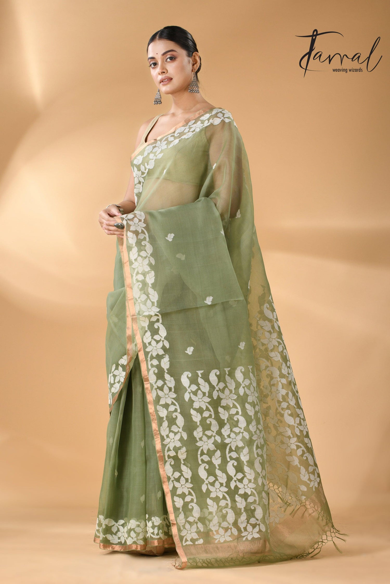 Moss Green Muslin Silk Handwoven Needle Work Jamdani Saree left
