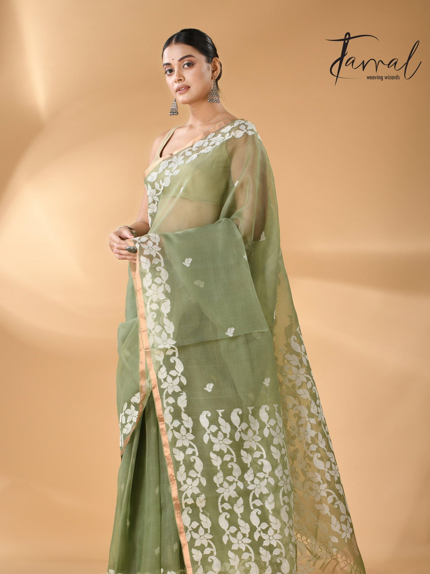 Moss Green Muslin Silk Handwoven Needle Work Jamdani Saree left