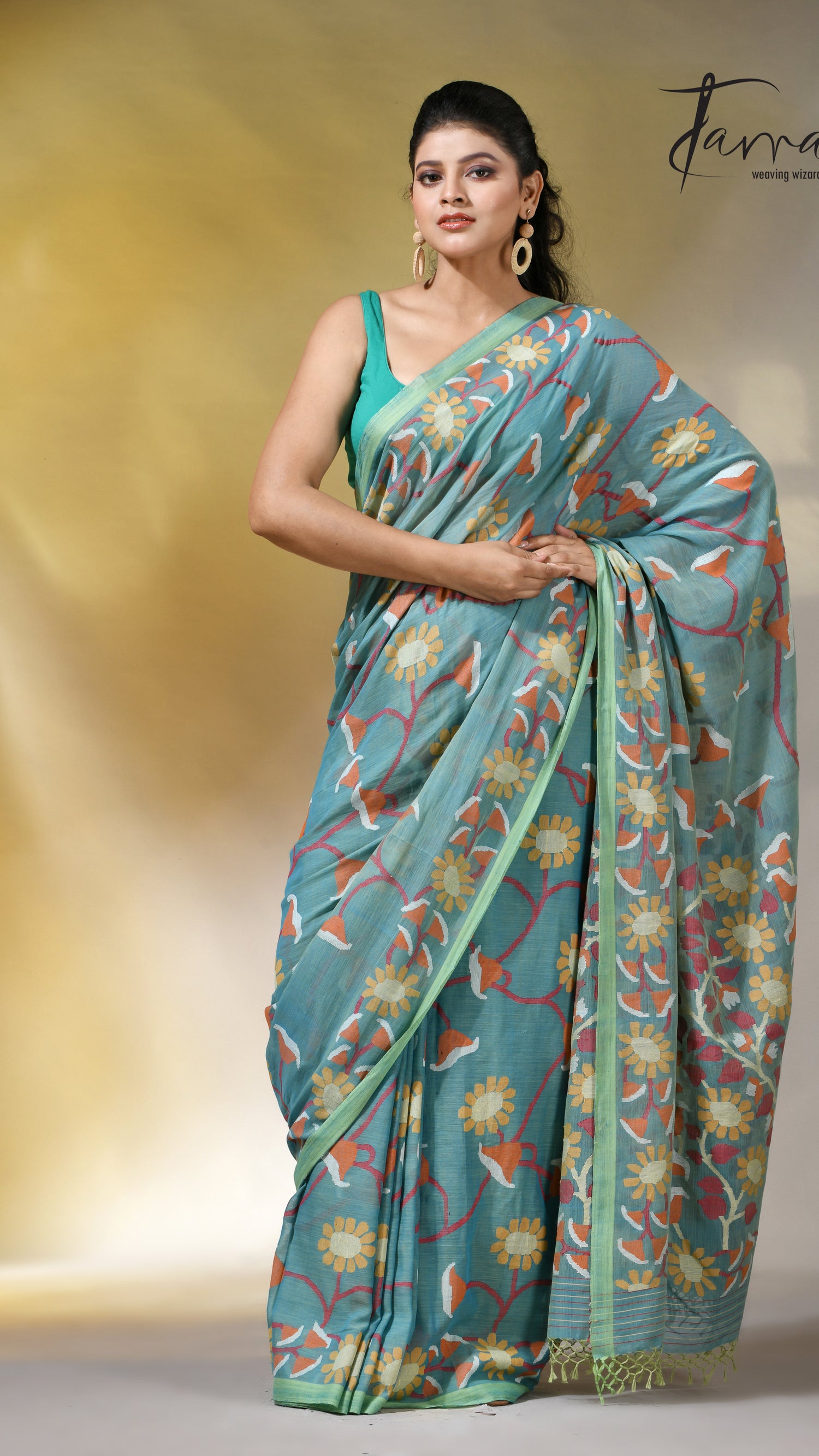 Moss green allover floral handwoven pure cotton jamdani saree