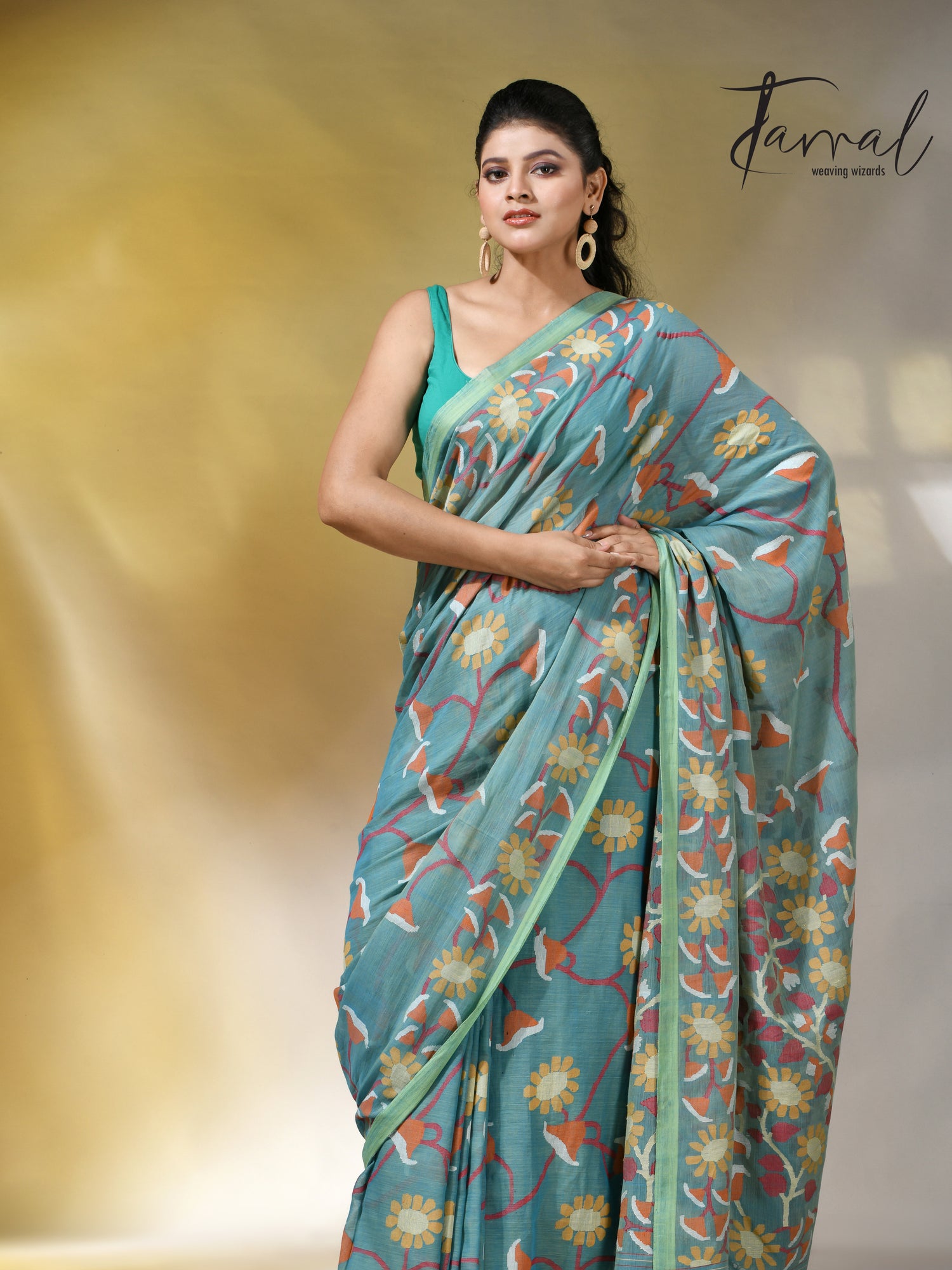 Moss green allover floral handwoven pure cotton jamdani saree